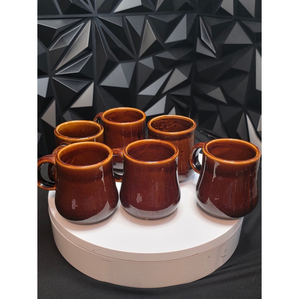 Vintage Brown Drip Glaze Stoneware Coffee Mugs Set of 6 Ceramic Bell Shaped